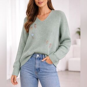 V-Neck Mint Green Embellished Women's Sweater